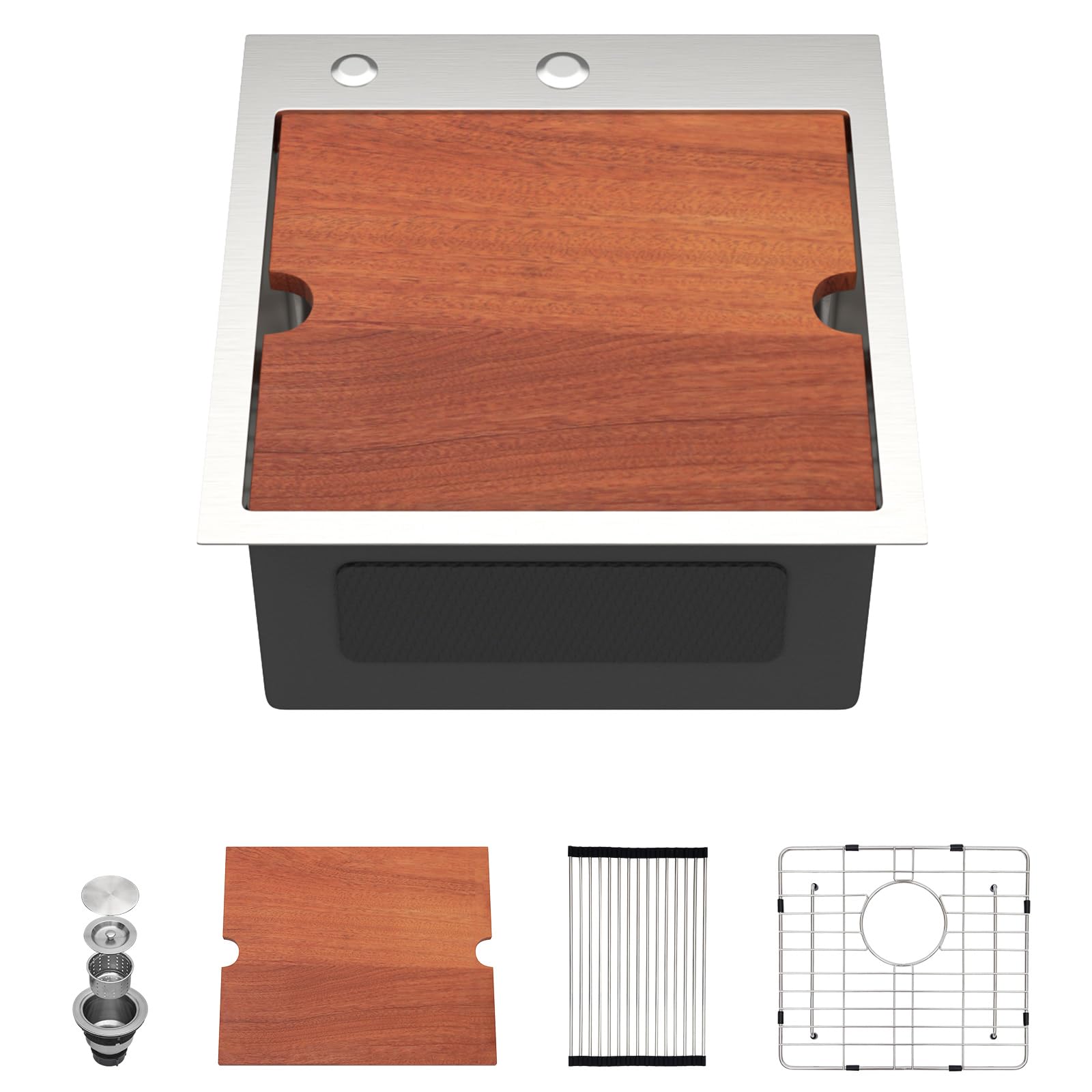 01-main Dcolora 17" x 18" x 9" Drop-In Workstation Bar / Prep Sink, Brushed 304 Stainless Steel, Single Bowl, with drain assembly, bottom grid, roll-up drying rack - Image 1