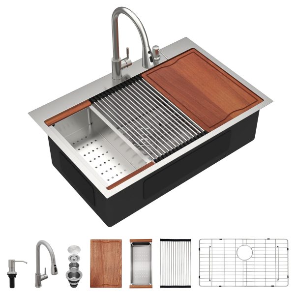 Dcolora 33" x 22" x 10" Drop-In Workstation Kitchen Sink, Brushed 304 Stainless Steel, Single Bowl, with drain assembly, bottom grid, roll-up drying rack