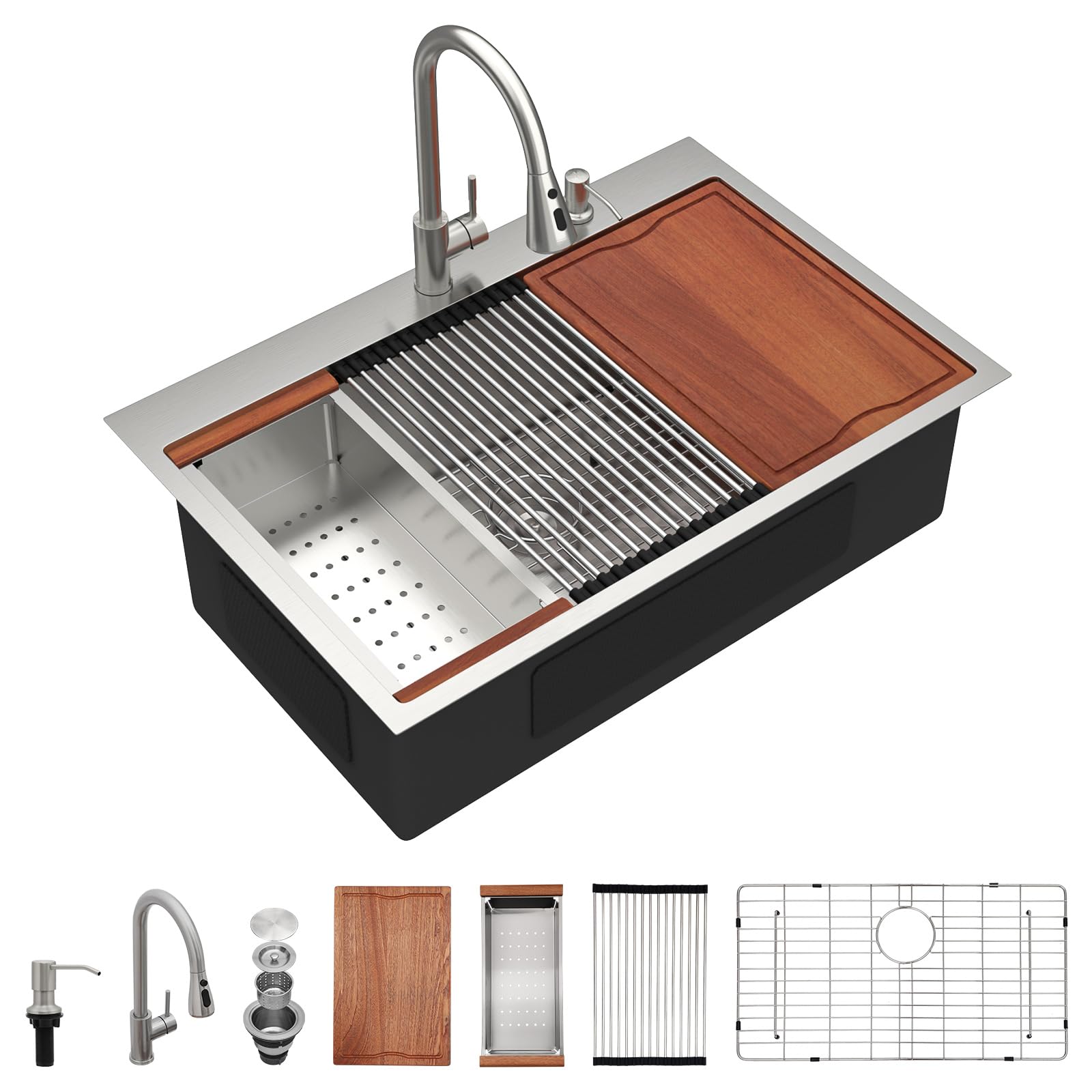 01-main Dcolora 33" x 22" x 10" Drop-In Workstation Kitchen Sink, Brushed 304 Stainless Steel, Single Bowl, with drain assembly, bottom grid, roll-up drying rack - Image 1
