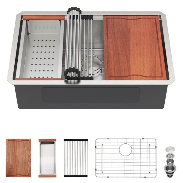 28" x 19" x 10" Undermount Workstation Kitchen Sink, Brushed 304 Stainless Steel, Single Bowl, with drain assembly, bottom grid, roll-up drying rack