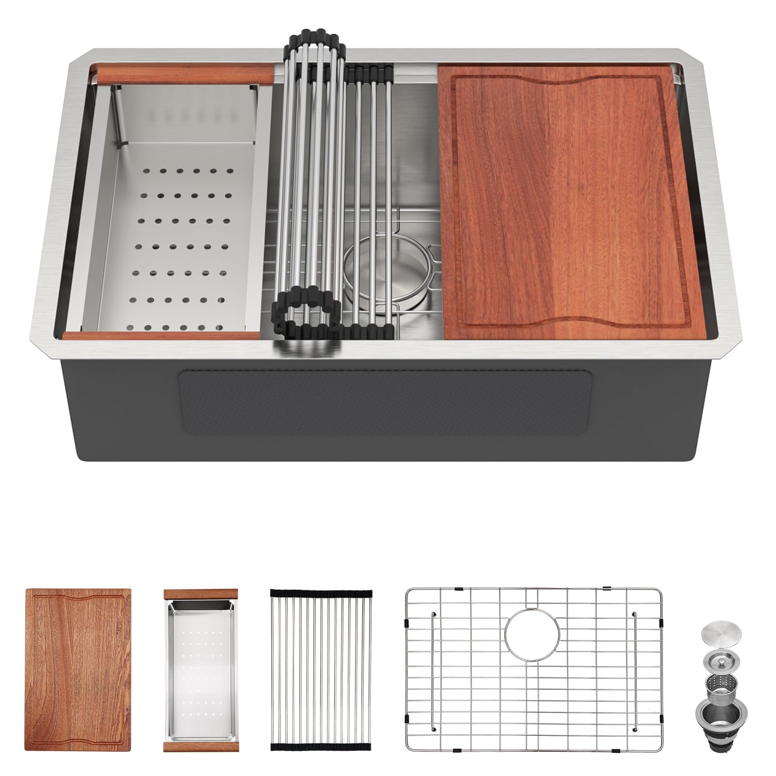 01-main 28" x 19" x 10" Undermount Workstation Kitchen Sink, Brushed 304 Stainless Steel, Single Bowl, with drain assembly, bottom grid, roll-up drying rack - Image 1