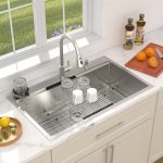 Dcolora 33" x 22" x 10" Drop-In Workstation Kitchen Sink, Brushed 304 Stainless Steel, Single Bowl, with drain assembly, bottom grid, roll-up drying rack - Image 5