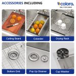 Dcolora 33" x 22" x 10" Drop-In Workstation Kitchen Sink, Brushed 304 Stainless Steel, Single Bowl, with drain assembly, bottom grid, roll-up drying rack - Image 6