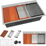 Dcolora 33" x 19" x 10" Drop-In Workstation Kitchen Sink, Brushed 304 Stainless Steel, Single Bowl, with drain assembly, bottom grid, roll-up drying rack