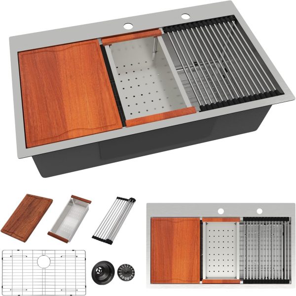 Dcolora 33" x 19" x 10" Drop-In Workstation Kitchen Sink, Brushed 304 Stainless Steel, Single Bowl, with drain assembly, bottom grid, roll-up drying rack