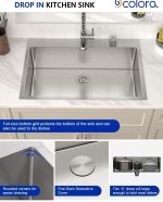 Dcolora 30" x 22" x 9" Drop-In Workstation Kitchen Sink, Brushed 304 Stainless Steel, Single Bowl, with drain assembly, bottom grid, roll-up drying rack - Image 5