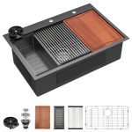 Dcolora 36" x 22" x 10" Drop-In Workstation Kitchen Sink, Gunmetal Black 304 Stainless Steel, Single Bowl, with drain assembly, bottom grid, roll-up drying rack
