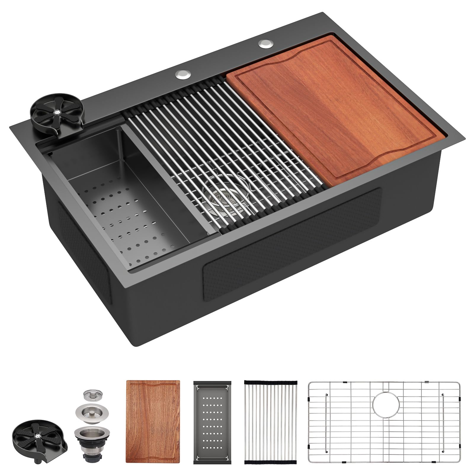 71-3W7YlVL.jpg Dcolora 36" x 22" x 10" Drop-In Workstation Kitchen Sink, Gunmetal Black 304 Stainless Steel, Single Bowl, with drain assembly, bottom grid, roll-up drying rack - Image 1