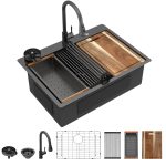 Fulorni 28" x 22" x 10" Drop-In Workstation Kitchen Sink, Gunmetal Black 304 Stainless Steel, Single Bowl, with drain assembly, bottom grid, roll-up drying rack