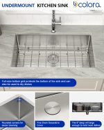 Dcolora 36" x 19" x 9" Undermount Kitchen Sink, Brushed 304 Stainless Steel, Single Bowl, with drain assembly, bottom grid, roll-up drying rack - Image 5