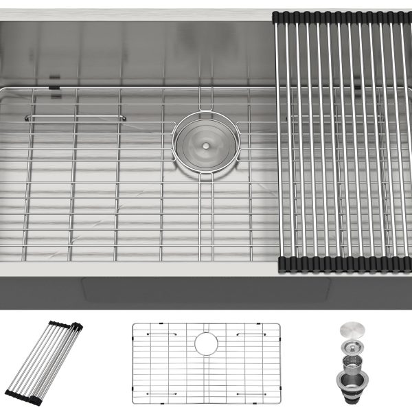 Dcolora 36" x 19" x 9" Undermount Kitchen Sink, Brushed 304 Stainless Steel, Single Bowl, with drain assembly, bottom grid, roll-up drying rack