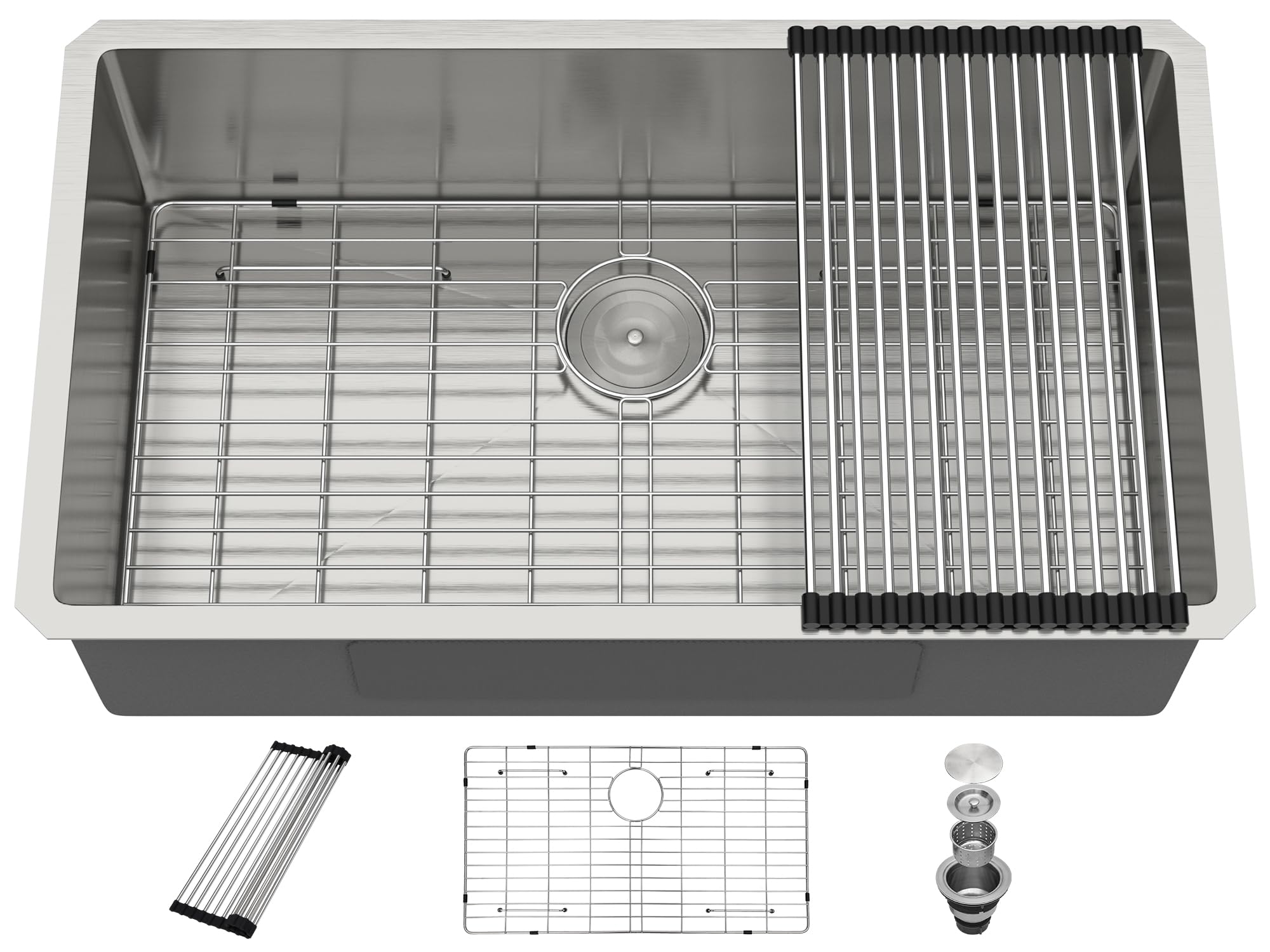 71DGUdD7rYL.jpg Dcolora 28" x 18" x 9" Undermount Kitchen Sink, Brushed 304 Stainless Steel, Single Bowl, with drain assembly, bottom grid, roll-up drying rack - Image 1