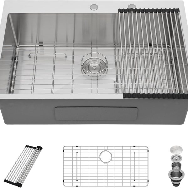 Dcolora 30" x 22" x 9" Drop-In Workstation Kitchen Sink, Brushed 304 Stainless Steel, Single Bowl, with drain assembly, bottom grid, roll-up drying rack