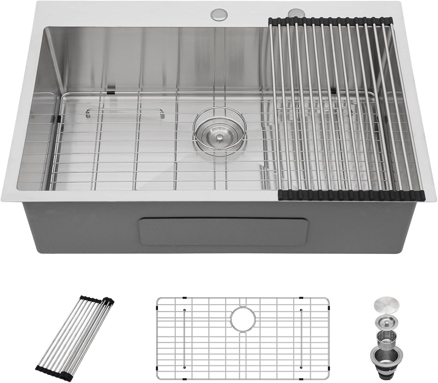 71Etl5OamIL.jpg Dcolora 30" x 22" x 9" Drop-In Workstation Kitchen Sink, Brushed 304 Stainless Steel, Single Bowl, with drain assembly, bottom grid, roll-up drying rack - Image 1