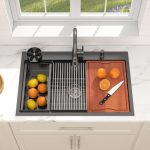 Dcolora 36" x 22" x 10" Drop-In Workstation Kitchen Sink, Gunmetal Black 304 Stainless Steel, Single Bowl, with drain assembly, bottom grid, roll-up drying rack - Image 3