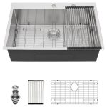 36" x 22" x 9" Drop-In Kitchen Sink, Brushed 304 Stainless Steel, Single Bowl, with drain assembly, bottom grid, roll-up drying rack