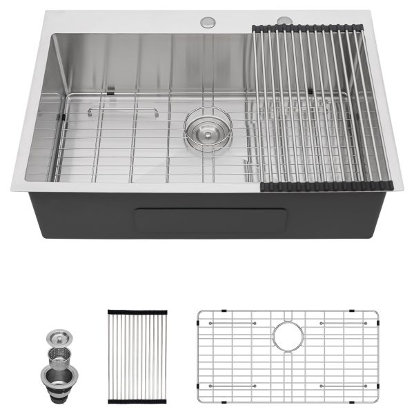 36" x 22" x 9" Drop-In Kitchen Sink, Brushed 304 Stainless Steel, Single Bowl, with drain assembly, bottom grid, roll-up drying rack
