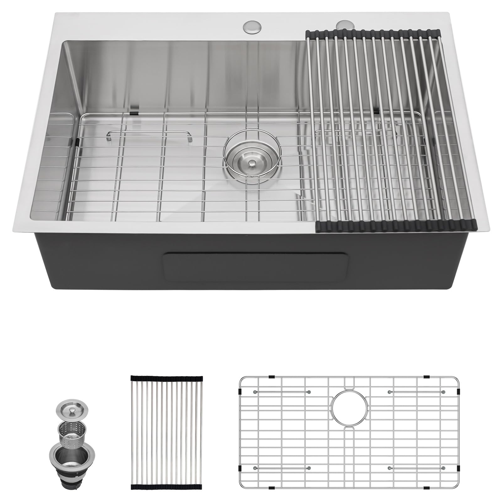 71S7nUOtBsL.jpg 36" x 22" x 9" Drop-In Kitchen Sink, Brushed 304 Stainless Steel, Single Bowl, with drain assembly, bottom grid, roll-up drying rack - Image 1