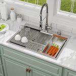28" x 22" x 10" Drop-In Workstation Kitchen Sink, Brushed 304 Stainless Steel, Single Bowl, with drain assembly, bottom grid, roll-up drying rack - Image 4