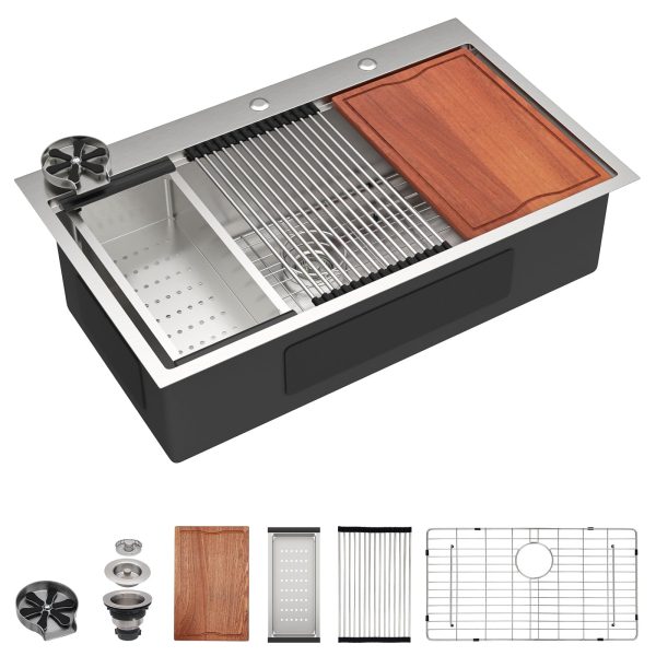 Dcolora 36" x 22" x 10" Drop-In Workstation Kitchen Sink, Brushed 304 Stainless Steel, Single Bowl, with drain assembly, bottom grid, roll-up drying rack