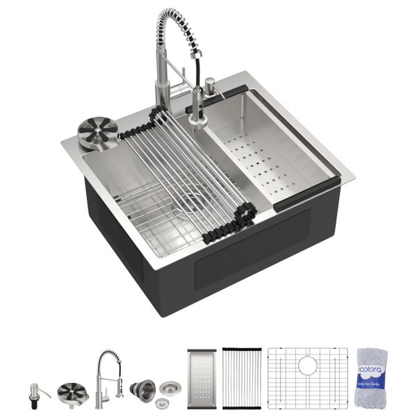 Dcolora 25" x 22" x 10" Drop-In Kitchen Sink, Brushed 304 Stainless Steel, Single Bowl