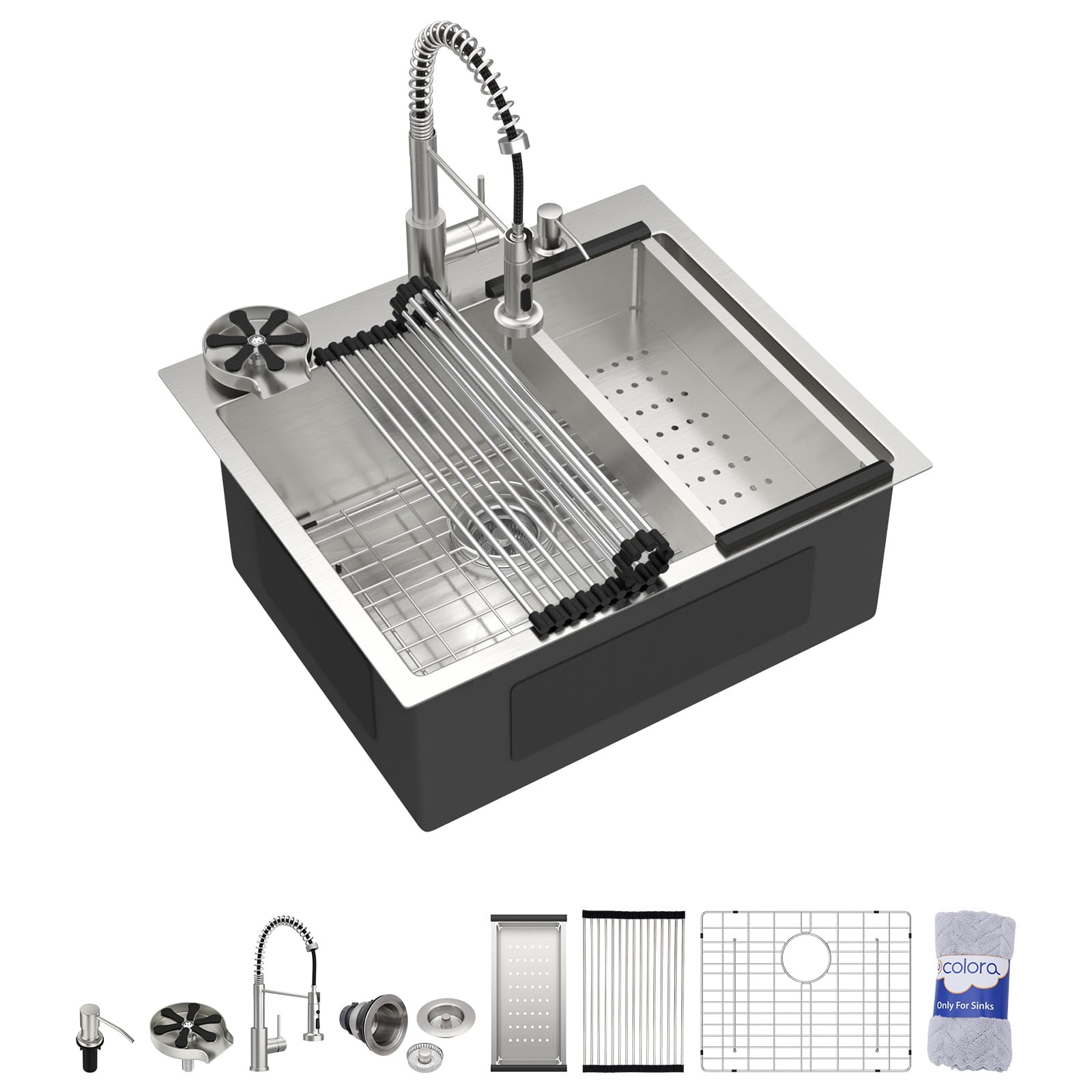 71ZhQ00yAwL.jpg Dcolora 25" x 22" x 10" Drop-In Kitchen Sink, Brushed 304 Stainless Steel, Single Bowl - Image 1