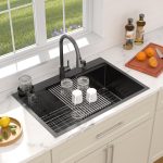 Dcolora 36" x 22" x 10" Drop-In Workstation Kitchen Sink, Gunmetal Black 304 Stainless Steel, Single Bowl, with drain assembly, bottom grid, roll-up drying rack - Image 4