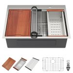 28" x 22" x 10" Drop-In Workstation Kitchen Sink, Brushed 304 Stainless Steel, Single Bowl, with drain assembly, bottom grid, roll-up drying rack