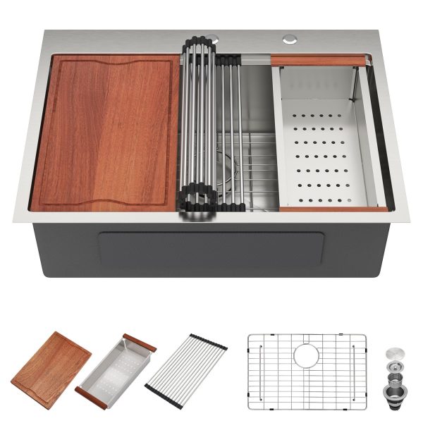 28" x 22" x 10" Drop-In Workstation Kitchen Sink, Brushed 304 Stainless Steel, Single Bowl, with drain assembly, bottom grid, roll-up drying rack