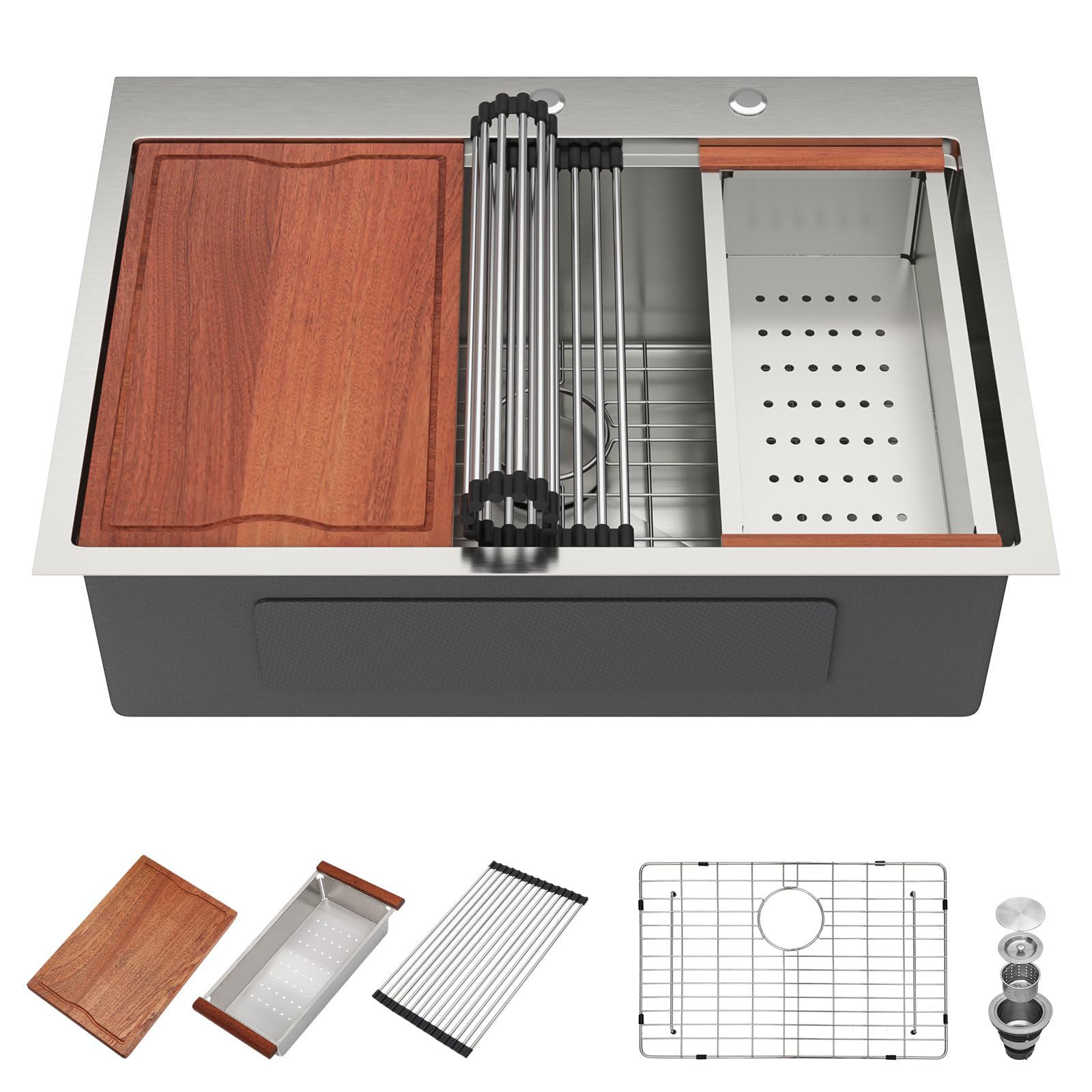 71fAStFcv-L.jpg 28" x 22" x 10" Drop-In Workstation Kitchen Sink, Brushed 304 Stainless Steel, Single Bowl, with drain assembly, bottom grid, roll-up drying rack - Image 1