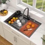 Dcolora 36" x 22" x 10" Drop-In Workstation Kitchen Sink, Gunmetal Black 304 Stainless Steel, Single Bowl, with drain assembly, bottom grid, roll-up drying rack - Image 2