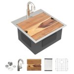 Fulorni 18" x 18" x 9" Drop-In Workstation Bar / Prep Sink, Brushed 304 Stainless Steel, Single Bowl, with drain assembly, bottom grid, roll-up drying rack