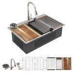 Fulorni 33" x 22" x 10" Drop-In Workstation Kitchen Sink, Brushed 304 Stainless Steel, Single Bowl, with drain assembly, bottom grid, roll-up drying rack