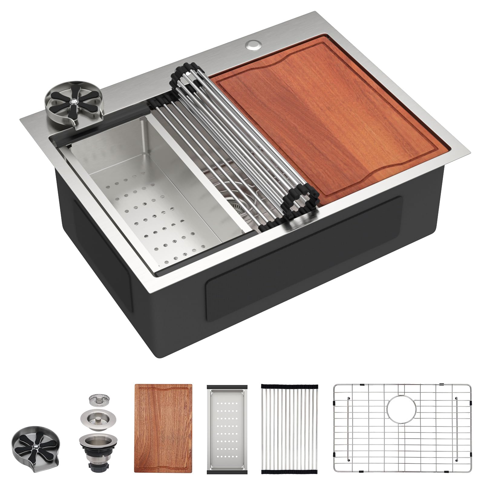 71rz0aj93DL.jpg Dcolora 28" x 22" x 10" Drop-In Workstation Kitchen Sink, Brushed 304 Stainless Steel, Single Bowl, with drain assembly, bottom grid, roll-up drying rack - Image 1