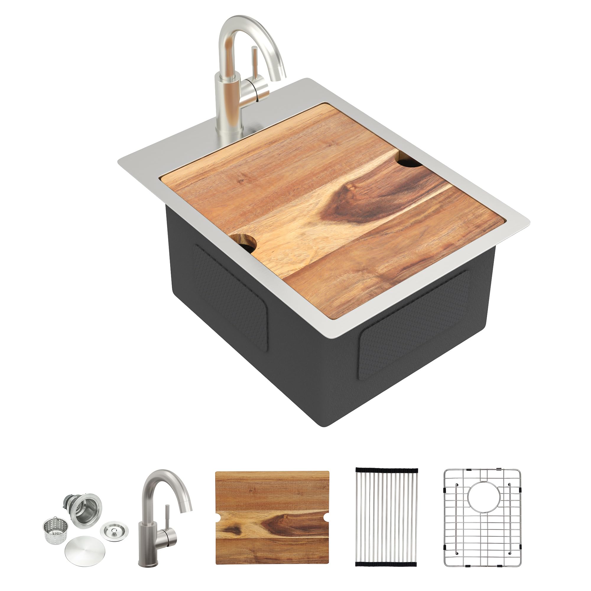 71vFRj1ZZFL.jpg Fulorni 15" x 20" x 9" Drop-In Workstation Bar / Prep Sink, Brushed 304 Stainless Steel, Single Bowl, with drain assembly, bottom grid, roll-up drying rack - Image 1