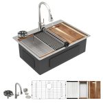 Fulorni 30" x 22" x 10" Drop-In Workstation Kitchen Sink, Brushed 304 Stainless Steel, Single Bowl, with drain assembly, bottom grid, roll-up drying rack
