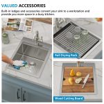 Fulorni 15" x 20" x 9" Drop-In Workstation Bar / Prep Sink, Brushed 304 Stainless Steel, Single Bowl, with drain assembly, bottom grid, roll-up drying rack - Image 6